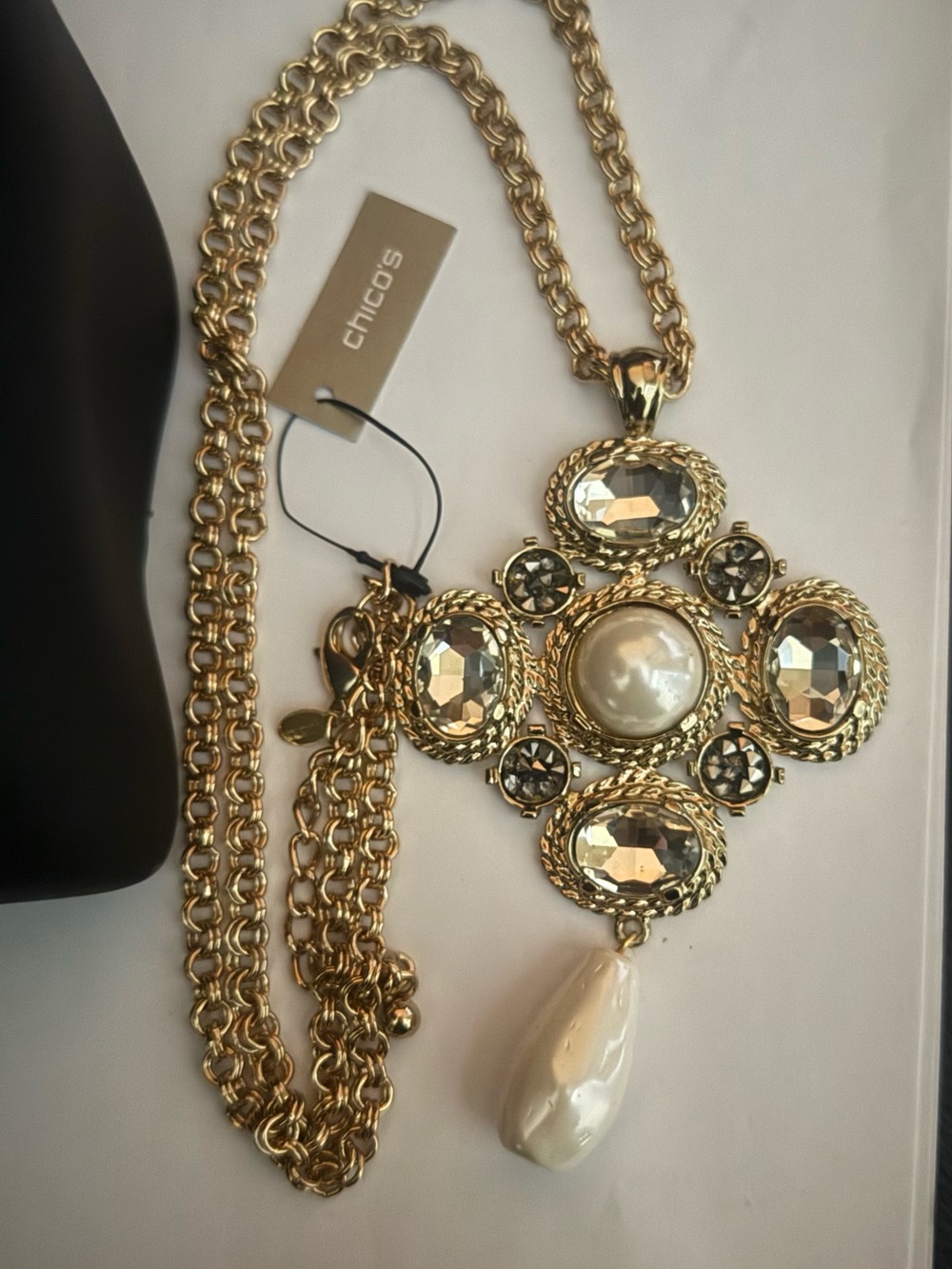 NWT Chico's Gold Maltese Cross Faux Pearl Crystal Statement Pendant Necklace